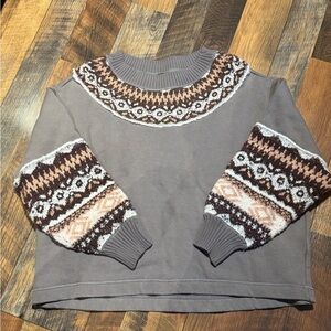 FP Movement by Free People Gray Sweater with Brown and Cream Patterns
